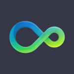 Graphic, figure of 8 with green and blue colour gradient running through it. Set against a dark grey background