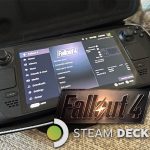 Fallout 4 (game) running on a steam deck OLED model, on a sofa.